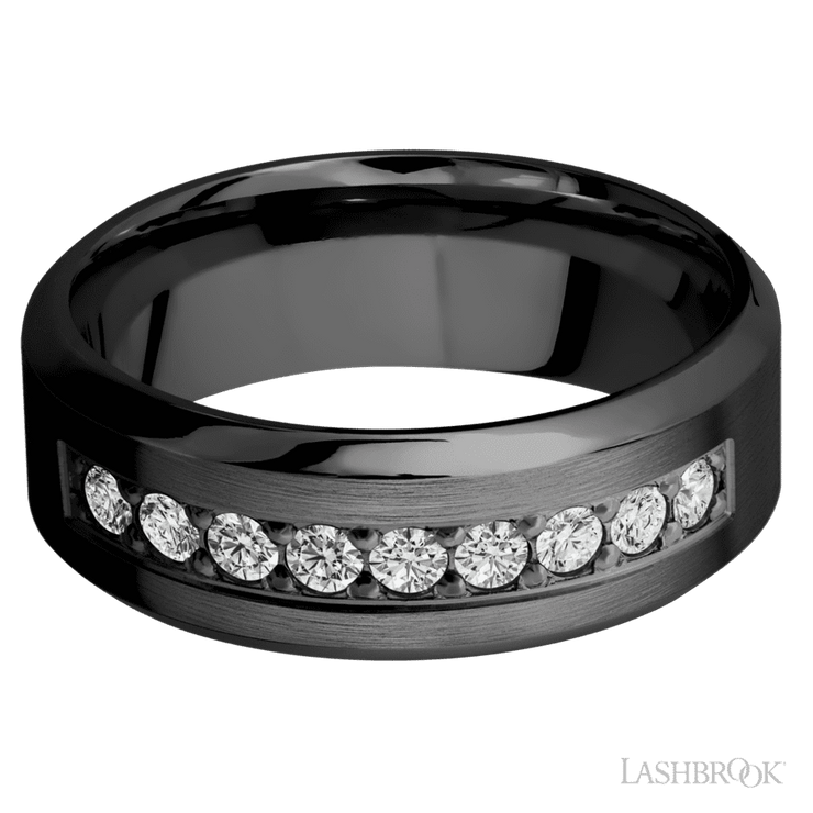 8 mm wide/High Bevel/Zirconium band with an  arrangement of 9, .05 carat Round Diamond stones in a Bead setting.