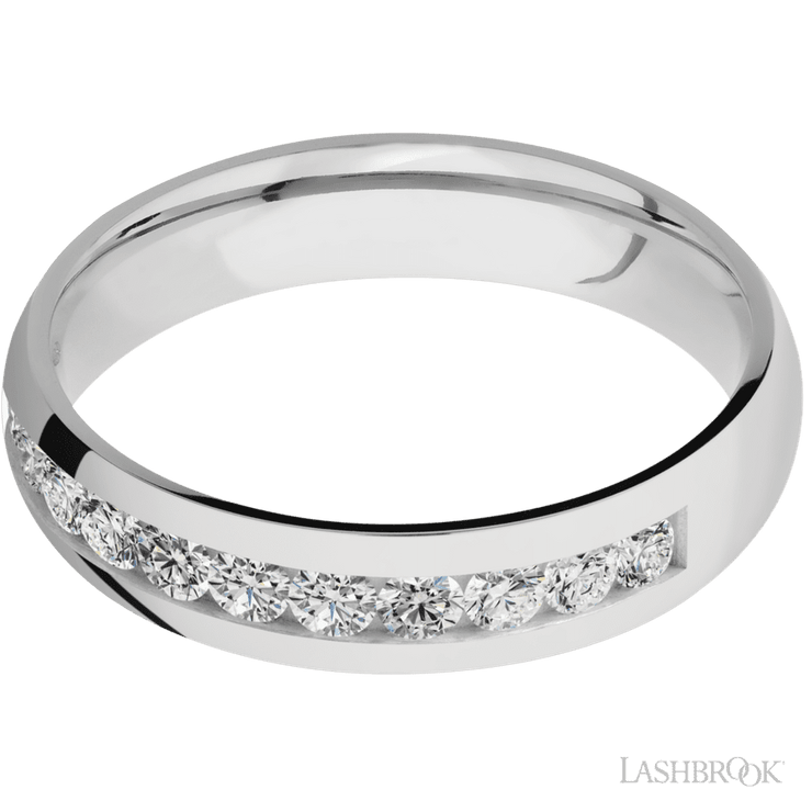 5 mm wide/Domed/Cobalt Chrome band with a Half Eternity arrangement of .07 carat Round Diamond stones in a Channel setting.