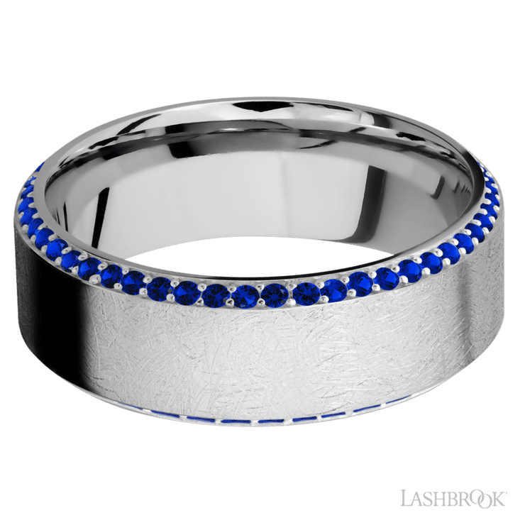 8 mm wide/High Bevel/14K White Gold band with a Bevel Eternity arrangement of .01 carat Round Sapphire stones in a Bead setting.