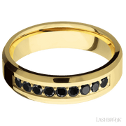 6 mm wide/Beveled/14K Yellow Gold band with an  arrangement of 9, .05 carat Round Black Diamond stones in a Bead Channel setting.