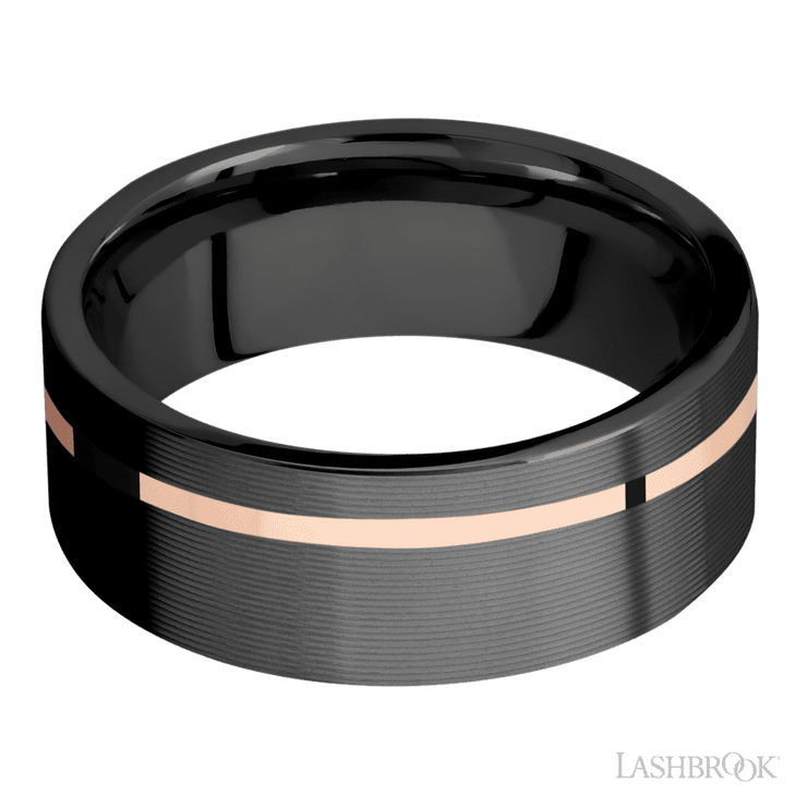 8 mm wide/Flat/Zirconium band with one 1 mm Off Center inlay of 14K Rose Gold.