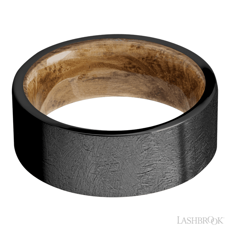 8 mm wide Flat Zirconium band featuring a Whiskey Barrel sleeve.