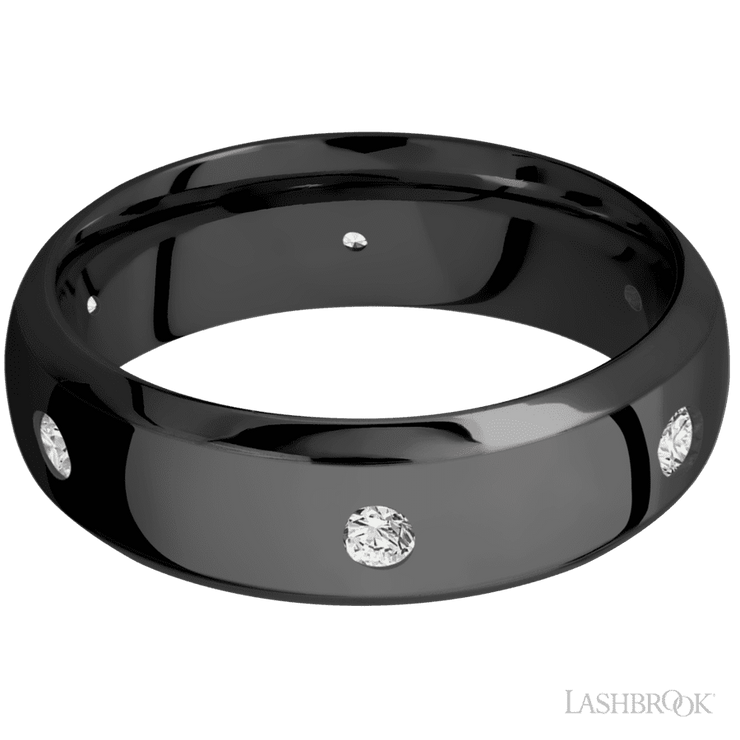 7 mm wide/Domed Bevel/Zirconium band with a 6X Even arrangement of .07 carat Round Diamond stones in a Flush setting.