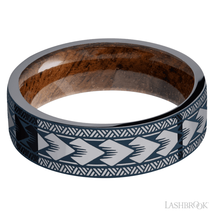 7 mm wide/Flat/Tantalum band with a laser carved Maori pattern also featuring a Koa sleeve.