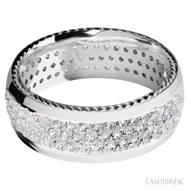 8 mm wide/Domed/14K White Gold band with  two 1 mm Sidebraid inlays of 14K White Gold and featuring a 3 Row Eternity arrangement of .015 carat Round Diamond stones in a Bead Channel setting