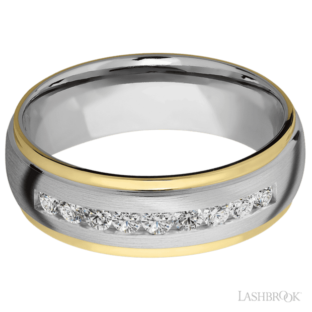 7 mm wide/Domed Stepped Down Edges/Cobalt Chrome band with  two 1 mm Edge inlays of 14K Yellow Gold and featuring an  arrangement of 9, .05 carat Round Diamond stones in a Channel setting