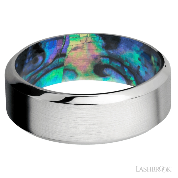 8 mm wide High Bevel Cobalt Chrome band featuring a Abalone sleeve.
