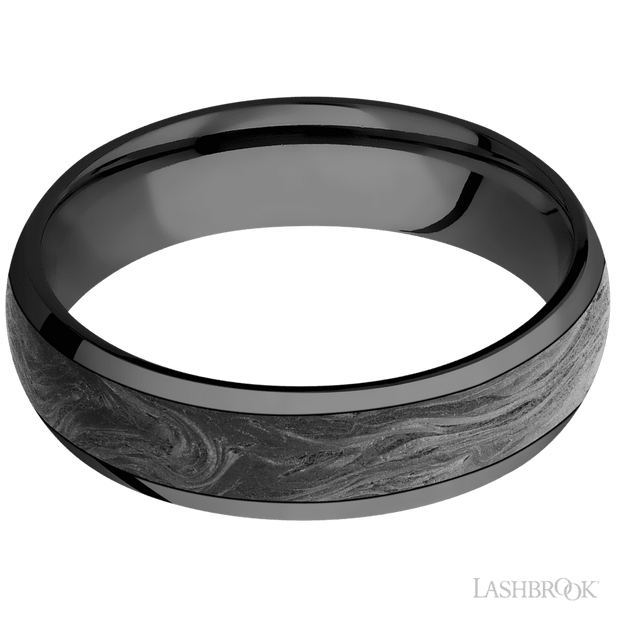 6 mm wide/Domed/Zirconium band with one 4 mm Centered inlay of Forged Carbon Fiber.