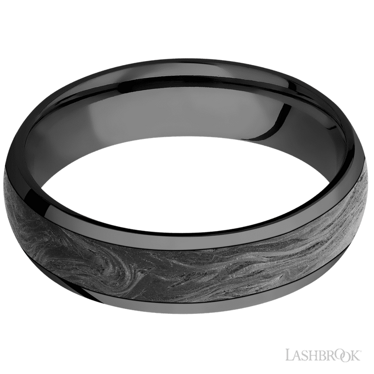 6 mm wide/Domed/Zirconium band with one 4 mm Centered inlay of Forged Carbon Fiber.
