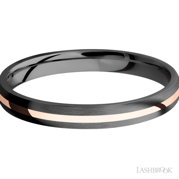 3 mm wide/Domed/Zirconium band with one 1 mm Centered inlay of 14K Rose Gold.