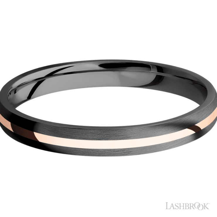 3 mm wide/Domed/Zirconium band with one 1 mm Centered inlay of 14K Rose Gold.