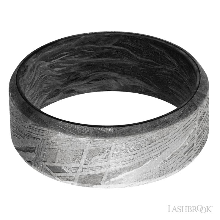 8 mm wide Beveled Meteorite band featuring a Forged Carbon Fiber sleeve.