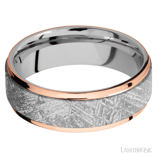 7 mm wide/Flat Grooved Edges/Cobalt Chrome band featuring inlays of Meteorite and 14K Rose Gold.