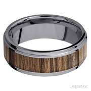 8 mm wide/Flat Grooved Edges/Tantalum band with one 5 mm Centered inlay of Walnut.