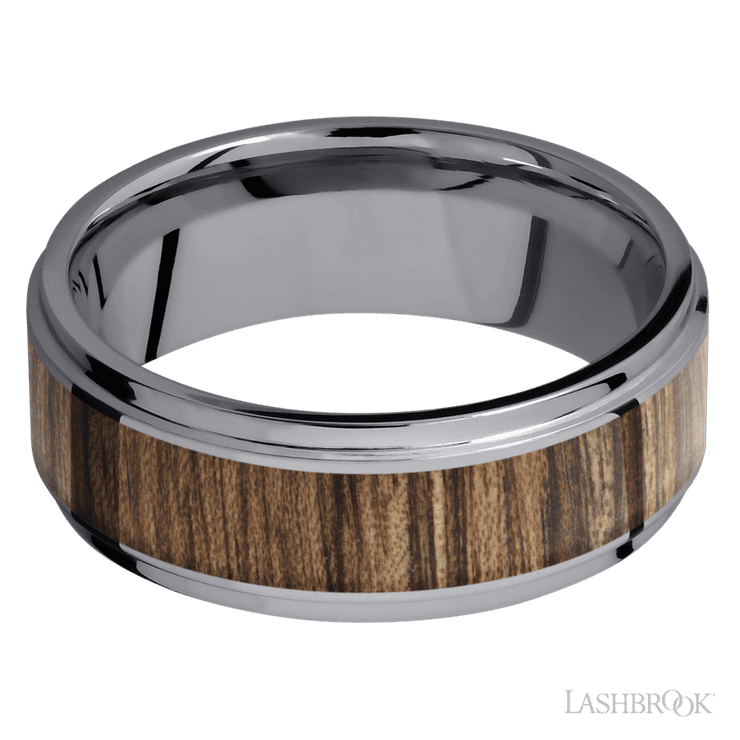 8 mm wide/Flat Grooved Edges/Tantalum band with one 5 mm Centered inlay of Walnut.