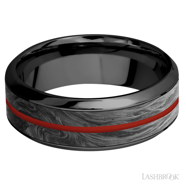 8 mm wide/High Bevel/Zirconium band featuring inlays of Forged Carbon Fiber and Red Apple.