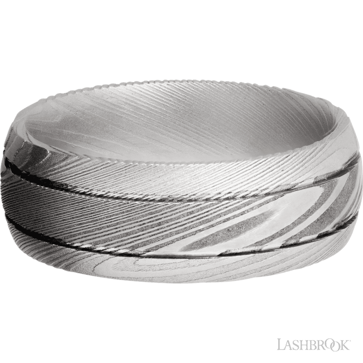 8 mm wide Domed with two accent grooves Damascus band.