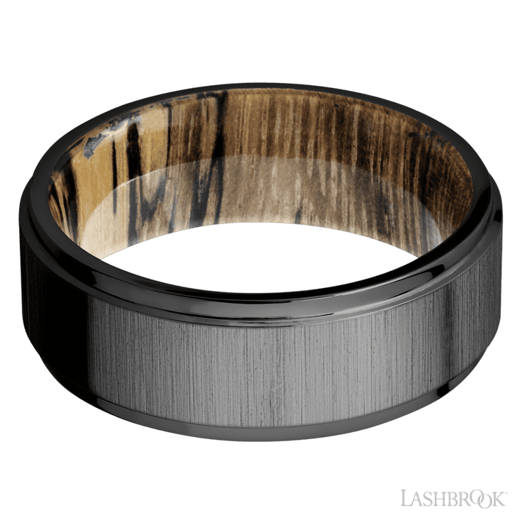 8 mm wide Flat Grooved Edges Zirconium band featuring a Spalted Tamarind sleeve.