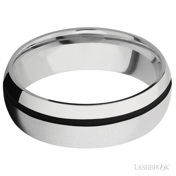 7 mm wide/Domed/Cobalt Chrome band with one 1 mm Off Center inlay of Black.