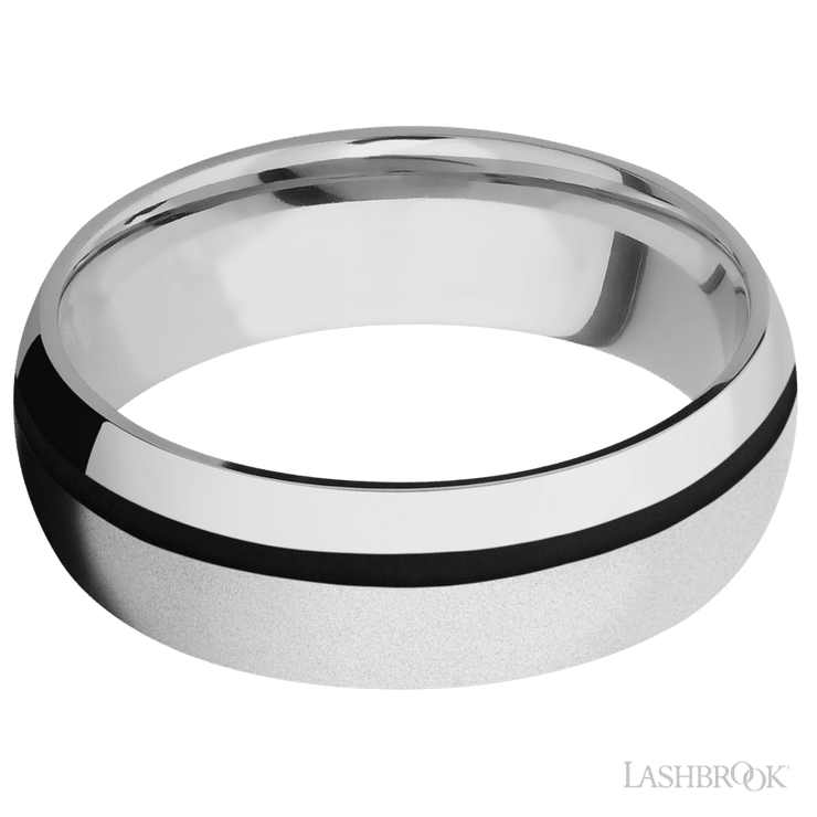7 mm wide/Domed/Cobalt Chrome band with one 1 mm Off Center inlay of Black.