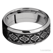 8 mm wide/Beveled/Cobalt Chrome band with one 6 mm Centered inlay of Tantalum with a laser carved Aztec 2 pattern.