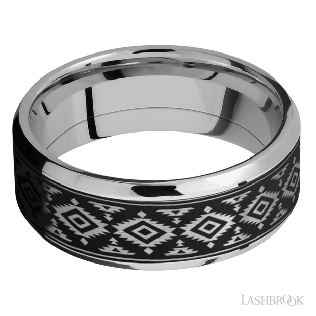 8 mm wide/Beveled/Cobalt Chrome band with one 6 mm Centered inlay of Tantalum with a laser carved Aztec 2 pattern.