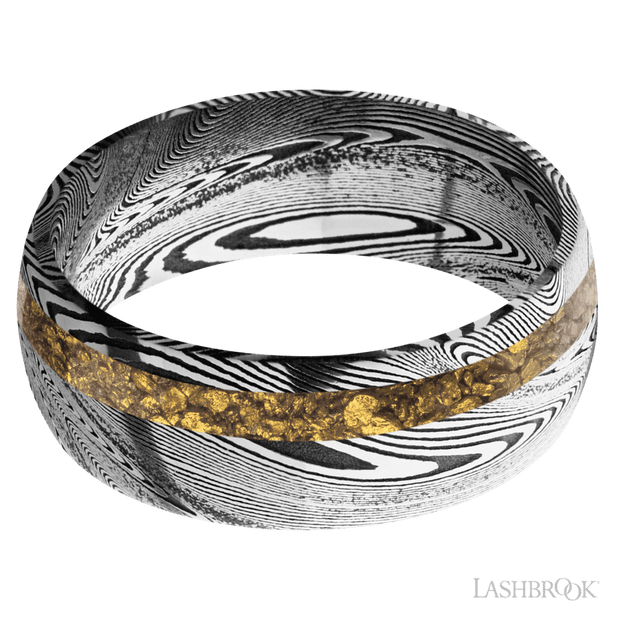 8 mm wide/Domed/Tightweave band with one 2 mm Off Center inlay of Alaskan Gold Nugget.