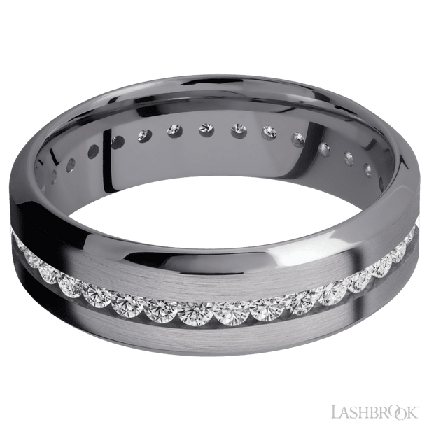 7 mm wide/High Bevel/Tantalum band with an Eternity arrangement of .03 carat Round Lab Grown Diamond stones in a Channel setting.