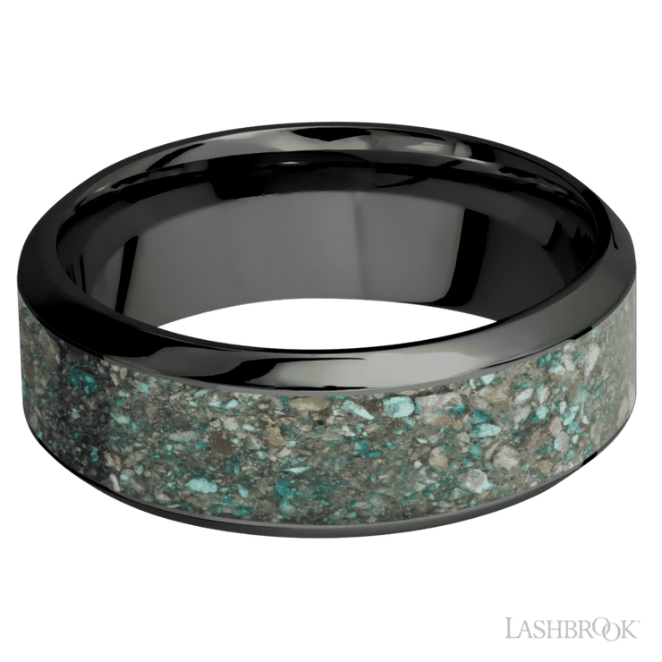 8 mm wide/High Bevel/Zirconium band with one 5 mm Centered inlay of Ocean Jasper.