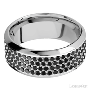 9 mm wide/High Bevel/14K White Gold band with a 4 Row Half Eternity arrangement of .015 carat Round Black Diamond stones in a Bead Channel setting.