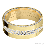 8 mm wide/Flat/14K Yellow Gold band with a Side Eternity arrangement of .01 carat Round Diamond stones in a Bead Channel setting and featuring a a 2 Row Eternity arrangement of .015 carat Round Diamond stones in a Bead Channel setting