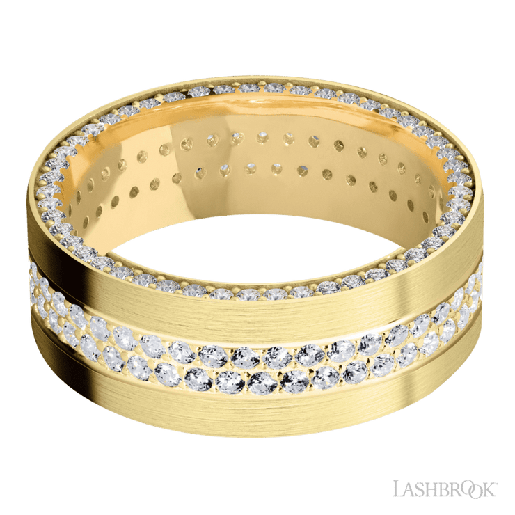 8 mm wide/Flat/14K Yellow Gold band with a Side Eternity arrangement of .01 carat Round Diamond stones in a Bead Channel setting and featuring a a 2 Row Eternity arrangement of .015 carat Round Diamond stones in a Bead Channel setting