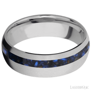 7 mm wide/Domed/Titanium band with one 2 mm Off Center inlay of Blue Tiger Eye.