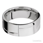 8 mm wide/Flat/14K White Gold band with a machined 3GOCHR pattern.