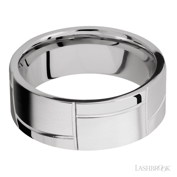 8 mm wide/Flat/14K White Gold band with a machined 3GOCHR pattern.