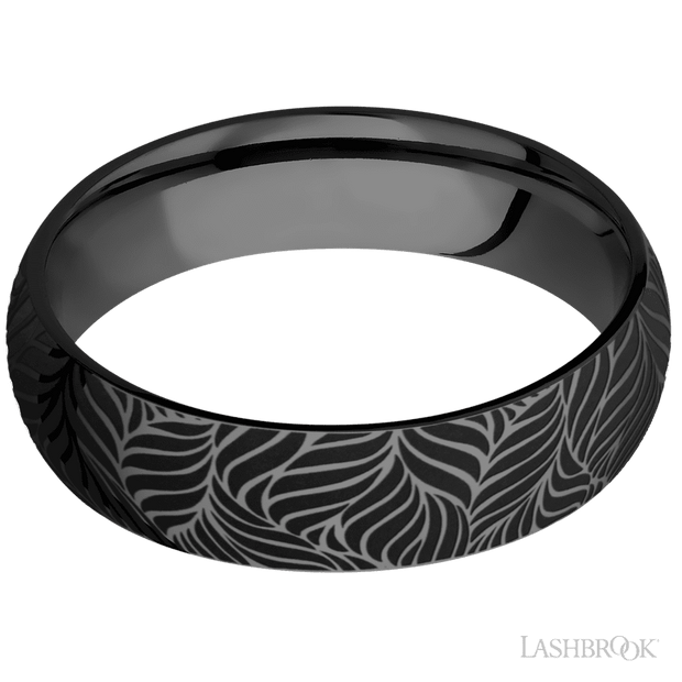 6 mm wide/Domed/Zirconium band with a laser carved Twisted Leaf pattern.
