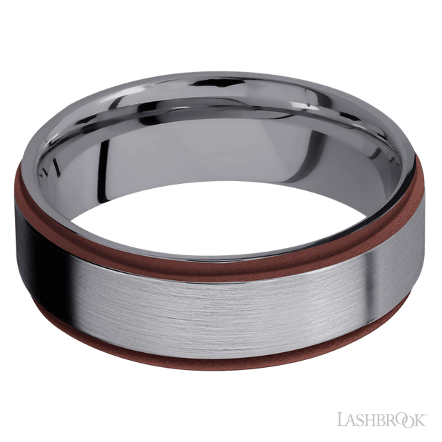 7 mm wide/Flat Grooved Edges/Tantalum band with two 1 mm Edge inlays of Crimson.