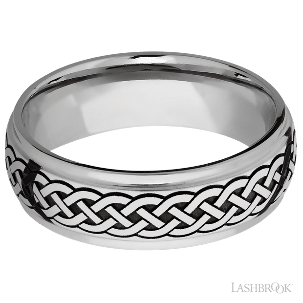 7 mm wide/Domed Stepped Down Edges/Cobalt Chrome band with a laser carved Celtic 9 pattern.