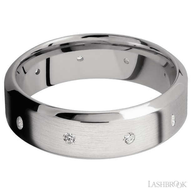 7 mm wide/High Bevel/14K White Gold band with a 9X Even arrangement of .03 carat Round Diamond stones in a Flush setting.