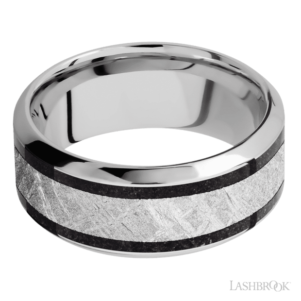 9 mm wide/High Bevel/Cobalt Chrome band featuring inlays of Dinosaur Bone Black and Meteorite.