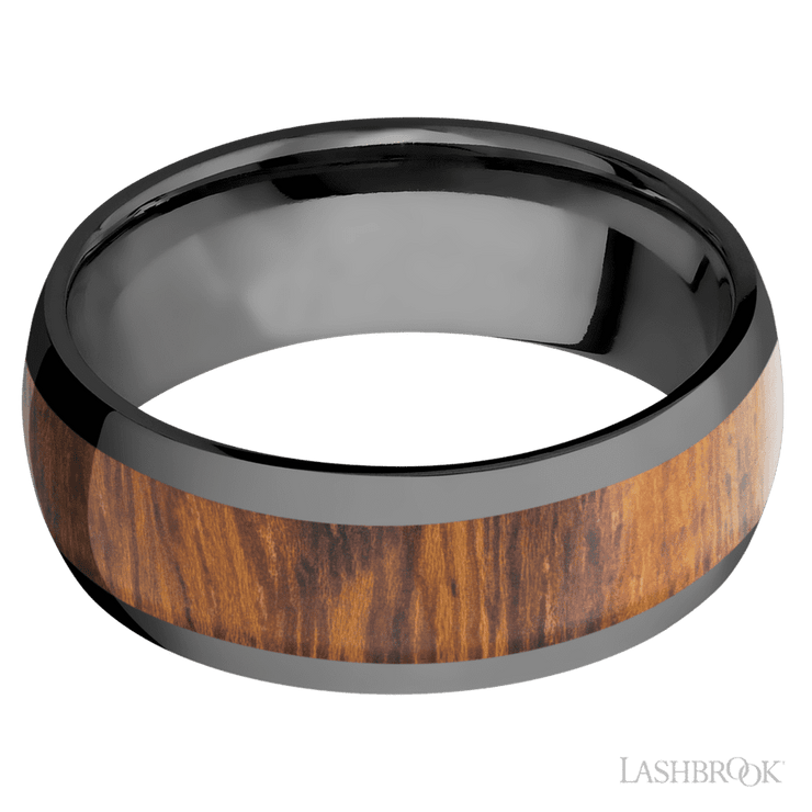 8 mm wide/Domed/Zirconium band with one 5 mm Centered inlay of Desert Iron Wood.