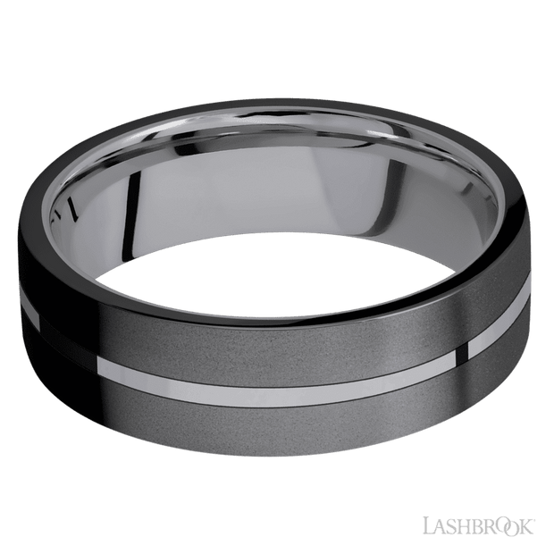 7 mm wide/Flat/Tantalum band with two 3 mm Double Off Center Edge inlays of Zirconium.