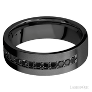 7 mm wide/Flat/Zirconium band with a Half Eternity arrangement of .03 carat Round Black Diamond stones in a Bead setting.