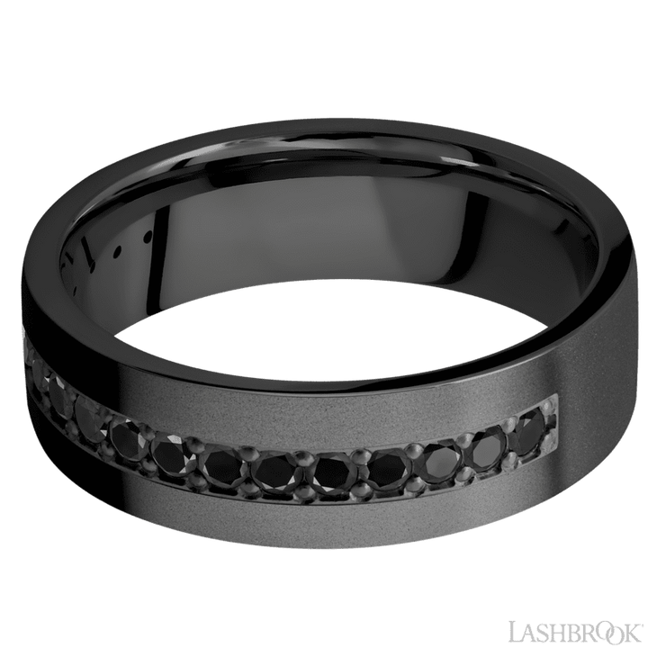 7 mm wide/Flat/Zirconium band with a Half Eternity arrangement of .03 carat Round Black Diamond stones in a Bead setting.
