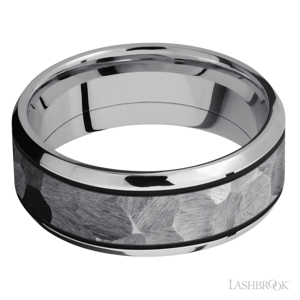 8 mm wide/Beveled/Cobalt Chrome band with one 5 mm Centered inlay of Tantalum.