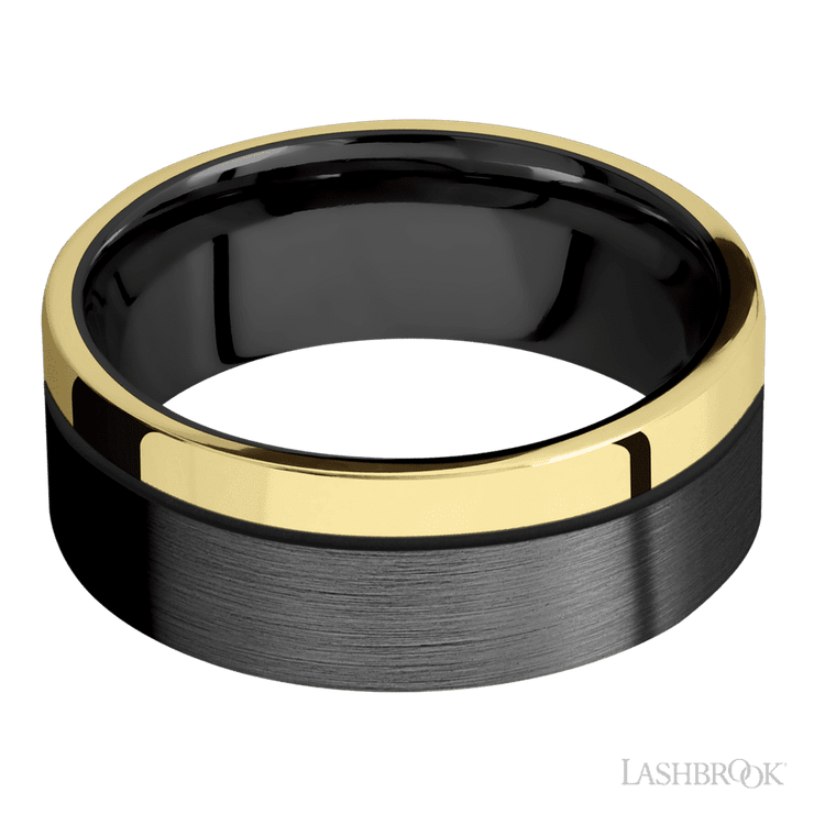 8 mm wide/Flat/Zirconium band with one 2 mm Off Center Edge inlay of 14K Yellow Gold.
